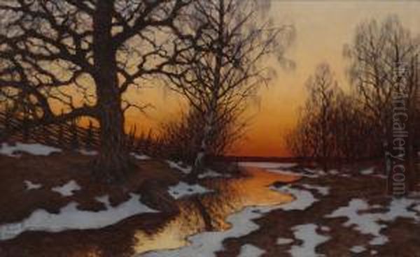 Varvinter, Solnedgang Over Vatten Oil Painting by Edvard Rosenberg