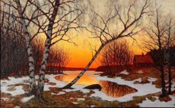 Aftonrodnad Over Insjolandskap Oil Painting by Edvard Rosenberg