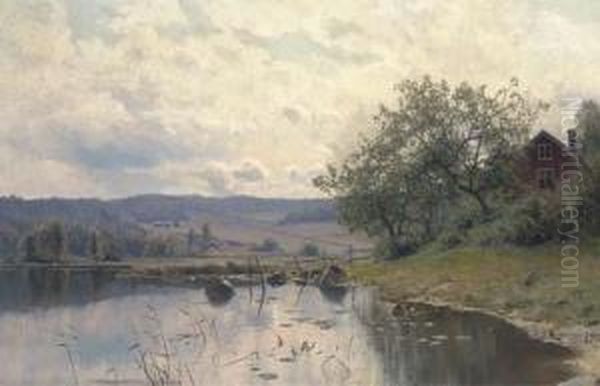 A Tranquil River Landscape Oil Painting by Edvard Rosenberg