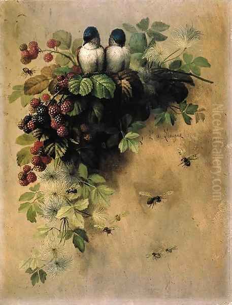 Birds, Bees and Berries Oil Painting by Paul DeLongpre