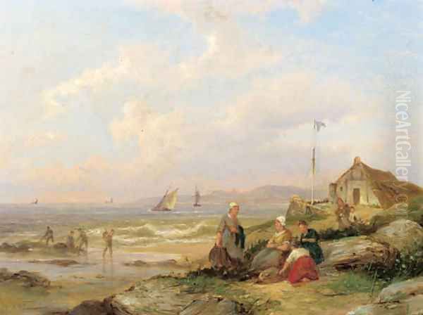 A coastal landscape with fisherwomen in the dunes Oil Painting by Pieter Christiaan Cornelis Dommersen