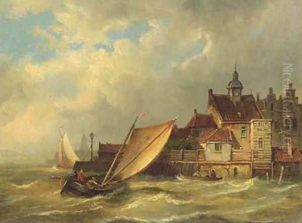 A sailing boat entering a Dutch harbour Oil Painting by Pieter Christiaan Cornelis Dommersen