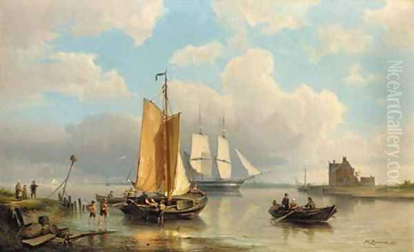 A river estuary with fishermen unloading the catch with a two-master beyond. Oil Painting by Pieter Christiaan Cornelis Dommersen