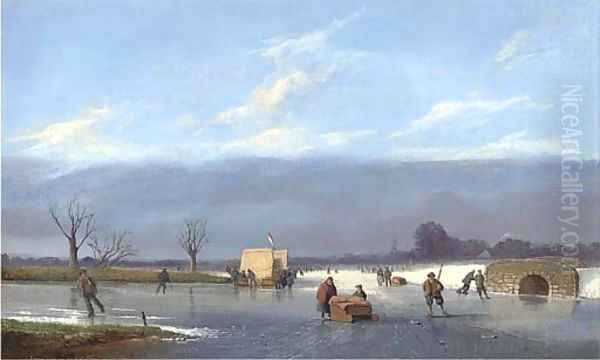 Skaters on a Dutch canal Oil Painting by Pieter Christiaan Cornelis Dommersen