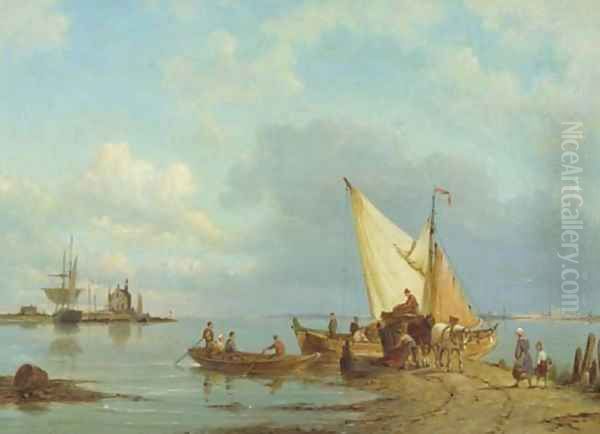 Unloading the cargo on the bank of an estuary Oil Painting by Pieter Christiaan Cornelis Dommersen