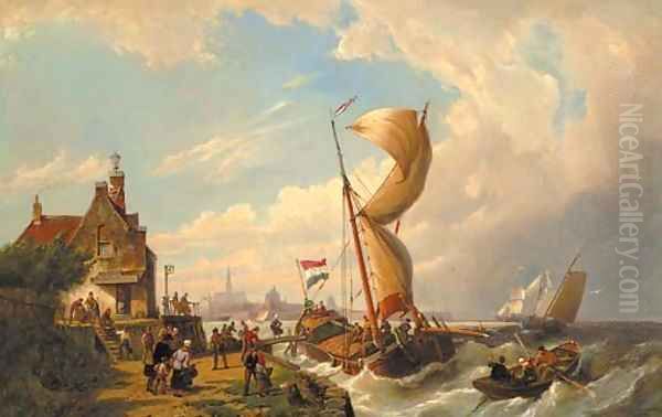 Passengers boarding a barge at the Goeser veerhuis with Goes in the distance Oil Painting by Pieter Christiaan Cornelis Dommersen