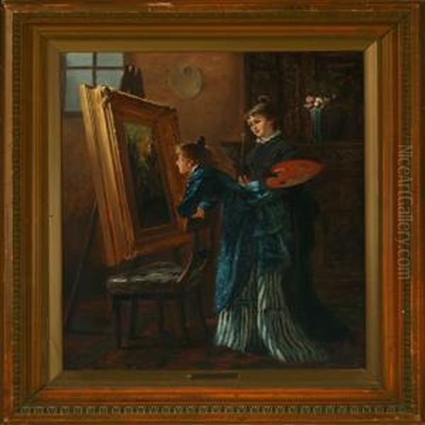 Two Young Women Atthe Easel Oil Painting by Vilhelm J. Rosenstand