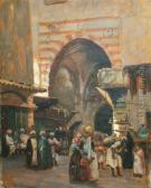 Market Scene Oil Painting by Vilhelm J. Rosenstand