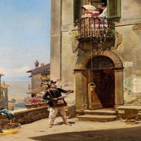 Two Italian Girlson A Balcony Lowering A Basket For The Postman Oil Painting by Vilhelm J. Rosenstand