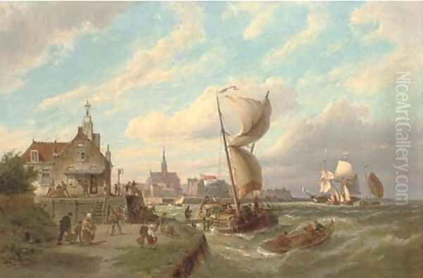 The barge at the Goeser veerhuis with Goes in the distance Oil Painting by Pieter Christiaan Cornelis Dommersen