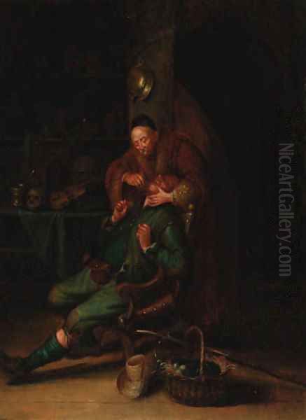 A dentist pulling teeth in an interior Oil Painting by Gerrit Dou