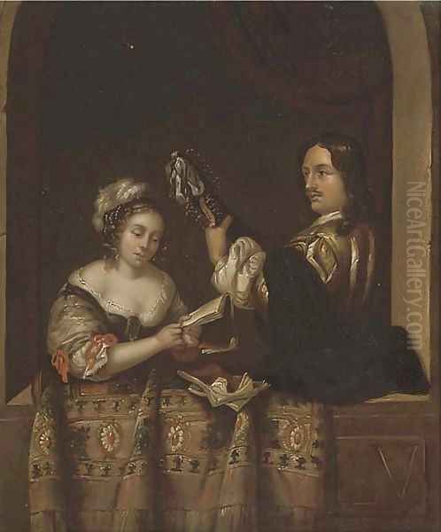 A couple making music at a casement Oil Painting by Gerrit Dou