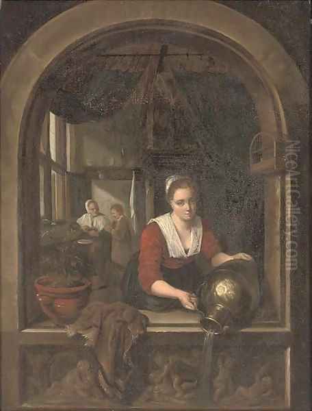 A girl with a water jug at a casement Oil Painting by Gerrit Dou