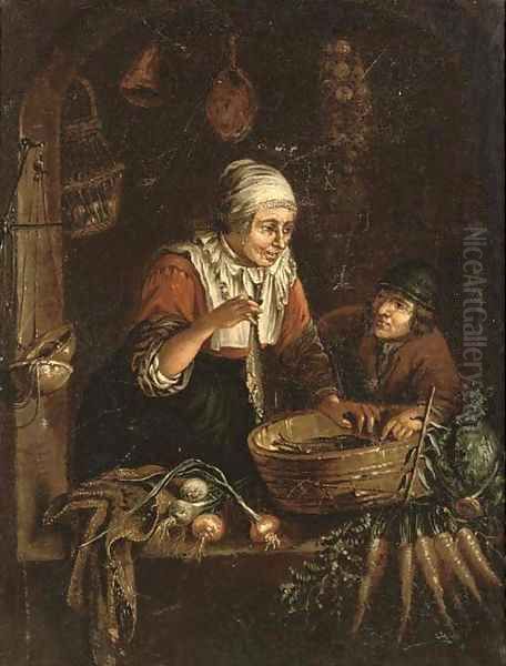 A woman and a boy at a casement with vegetables, a domestic interior beyond Oil Painting by Gerrit Dou