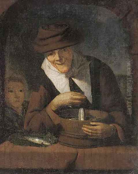 An old woman with a tub of fish at a casement Oil Painting by Gerrit Dou