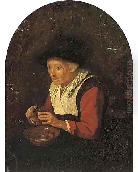 An old woman, sitting on a chair and peeling fruit Oil Painting by Gerrit Dou