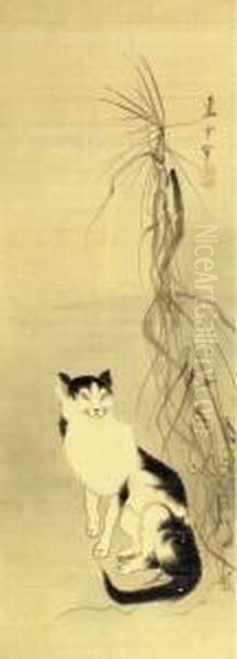 Cat And Dry Reeds Oil Painting by Nagasawa Rosetsu