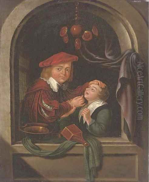 A dentist with a patient at a casement Oil Painting by Gerrit Dou