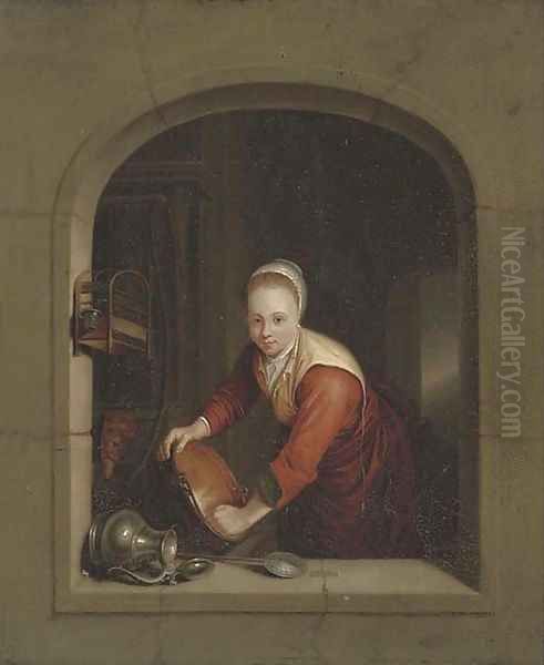 A girl washing pans at a casement Oil Painting by Gerrit Dou