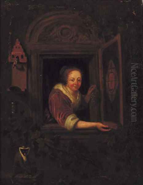 A lady with a monkey and a bullfinch at a casement Oil Painting by Gerrit Dou