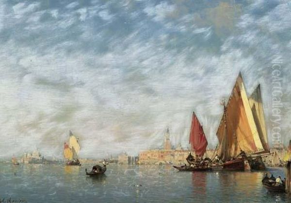 Sailing Boats Before Venice. Oil Painting by Amedee Rosier