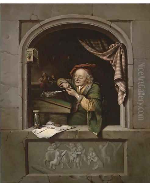 A scholar sharpening his quill at a casement Oil Painting by Gerrit Dou