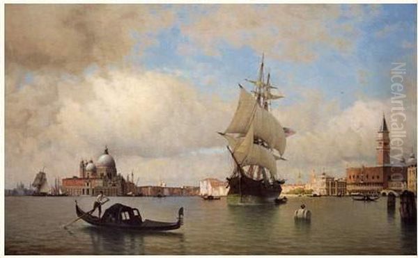 Vaisseau Americain Devant Venise Oil Painting by Amedee Rosier