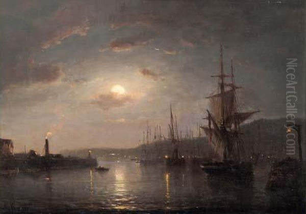 Port Au Clair De Lune Oil Painting by Amedee Rosier