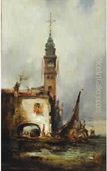 Scene De Port En Italie Oil Painting by Amedee Rosier