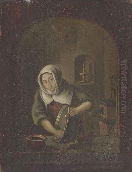 A washerwoman at a casement Oil Painting by Gerrit Dou