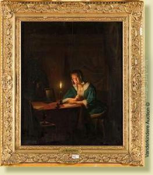 Jeune Fille Ecrivant Une Lettre A La Lueur Dela Bougie Oil Painting by Johannes Rosierse