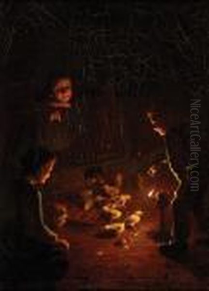 Looking At Chicks By Lamplight Oil Painting by Johannes Rosierse