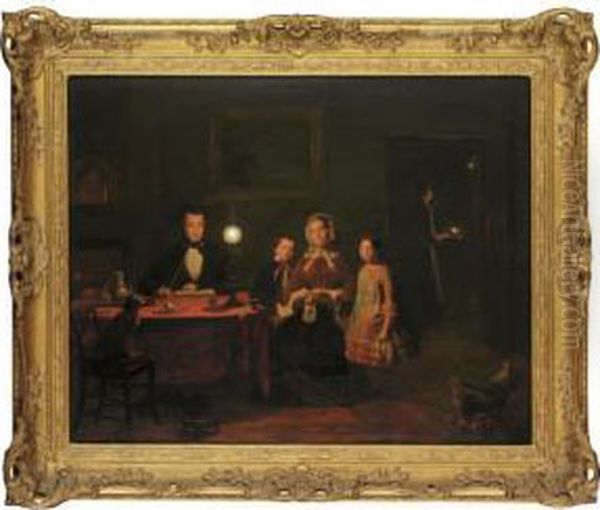 A Family In A Lamp-lit Interior Oil Painting by Johannes Rosierse