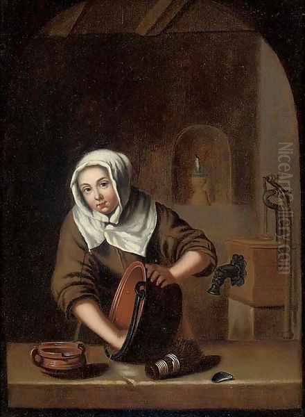 A woman cleaning pots at a casement Oil Painting by Gerrit Dou