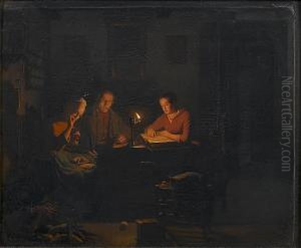 Reading By Lamplight Oil Painting by Johannes Rosierse