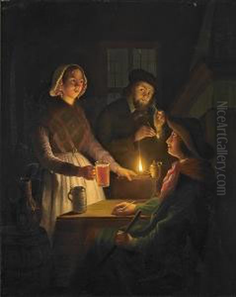 Pubscenery With People By Lamplight by Johannes Rosierse