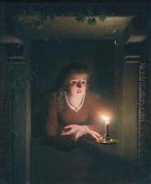 A Young Girl By Candlelight Oil Painting by Johannes Rosierse