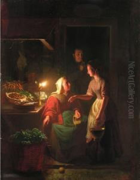 Kucheninterieur Bei Ollampenschein Oil Painting by Johannes Rosierse