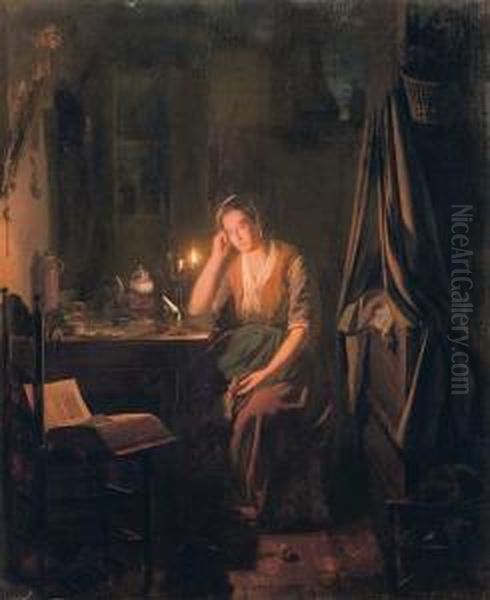 A Seated Lady By Candlelight Oil Painting by Johannes Rosierse