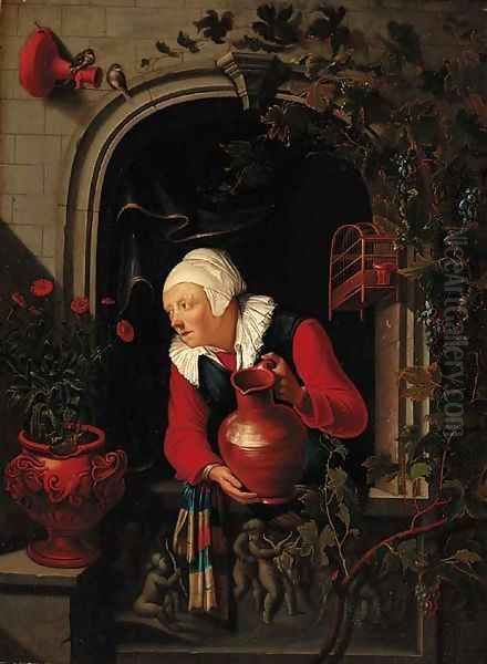 An elderly woman watering flowers at a niche window Oil Painting by Gerrit Dou