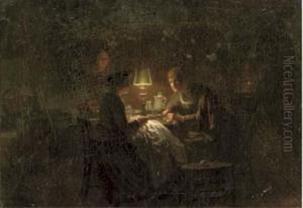 Sewing By Lamplight Oil Painting by Johannes Rosierse