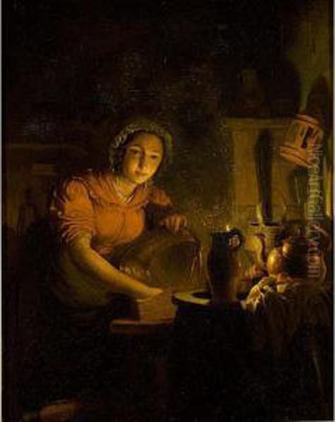 A Maid Polishing Copperware Oil Painting by Johannes Rosierse