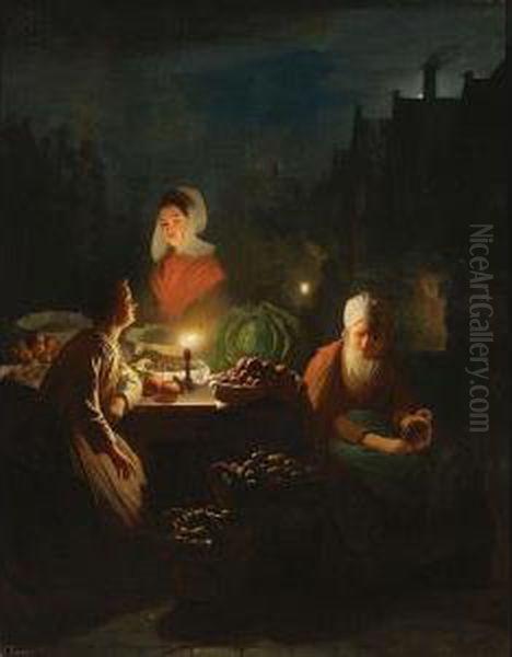 A Vegetable Seller By Candlelight Oil Painting by Johannes Rosierse