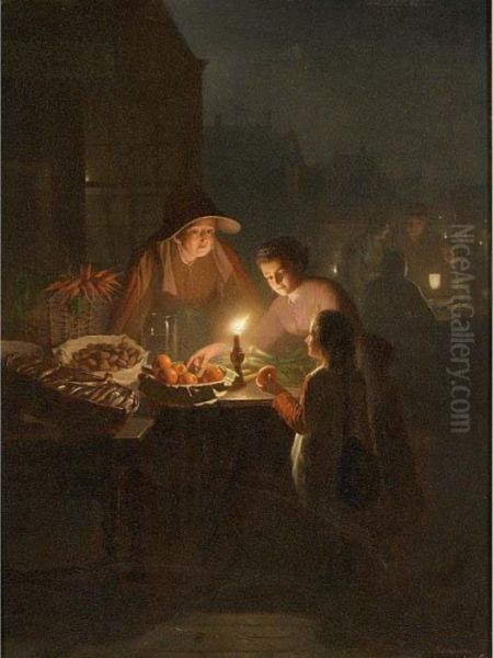 A Market Stall By Candle Light Oil Painting by Johannes Rosierse