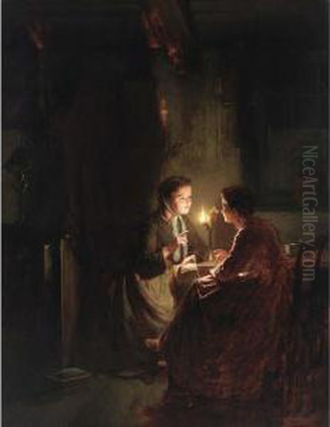 Two Ladies By Candlelight Oil Painting by Johannes Rosierse