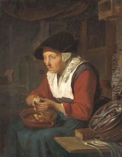 An old woman peeling apples in a kitchen interior Oil Painting by Gerrit Dou