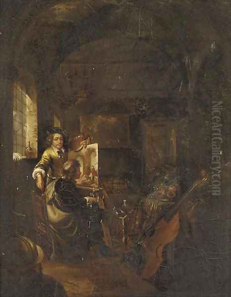 The interior of an artist's studio Oil Painting by Gerrit Dou