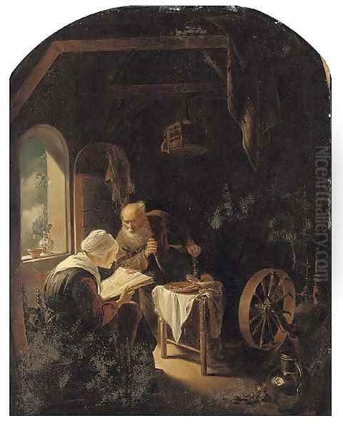 A couple in a kitchen interior Oil Painting by Gerrit Dou