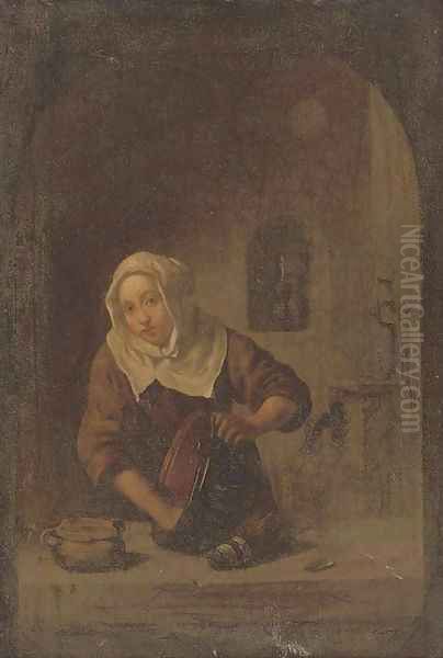 A lady washing at a casement Oil Painting by Gerrit Dou