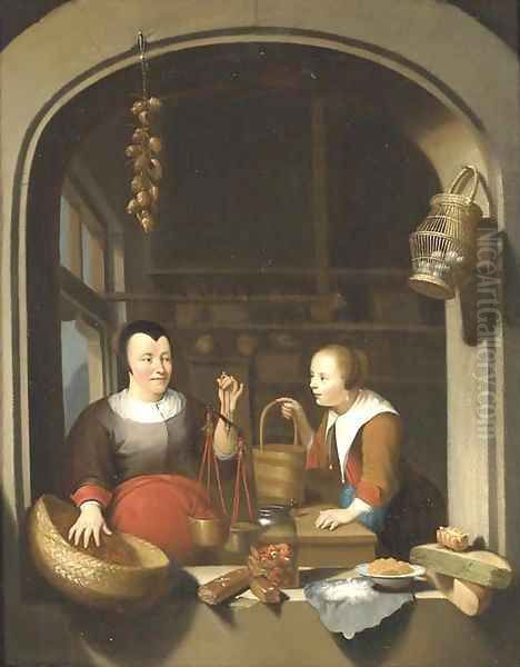 A shop-keeper and a maid seen through a casement Oil Painting by Gerrit Dou